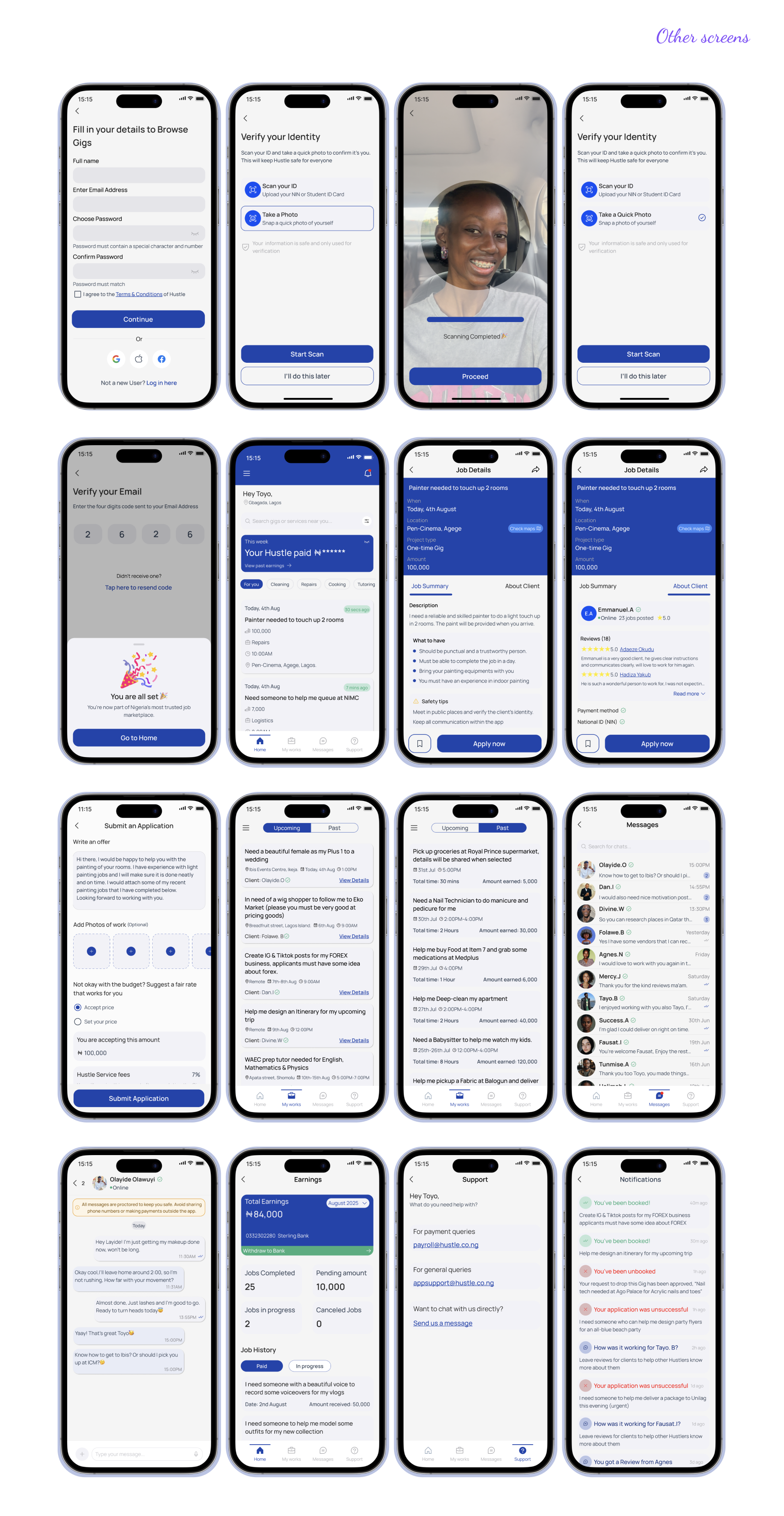 Hustle app — grid of sixteen high-fidelity screens covering onboarding, identity verification, gig browsing, payments, applications and messaging